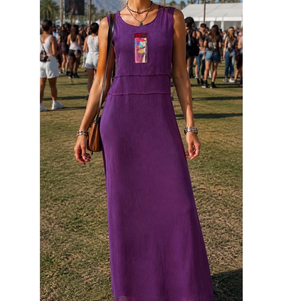 Y2K VTG Nancy Bolen City Girl Purple Bemberg Rayon Floral Patch Maxi Dress sz L